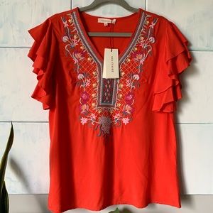 Solitaire red embroidered flutter sleeve top